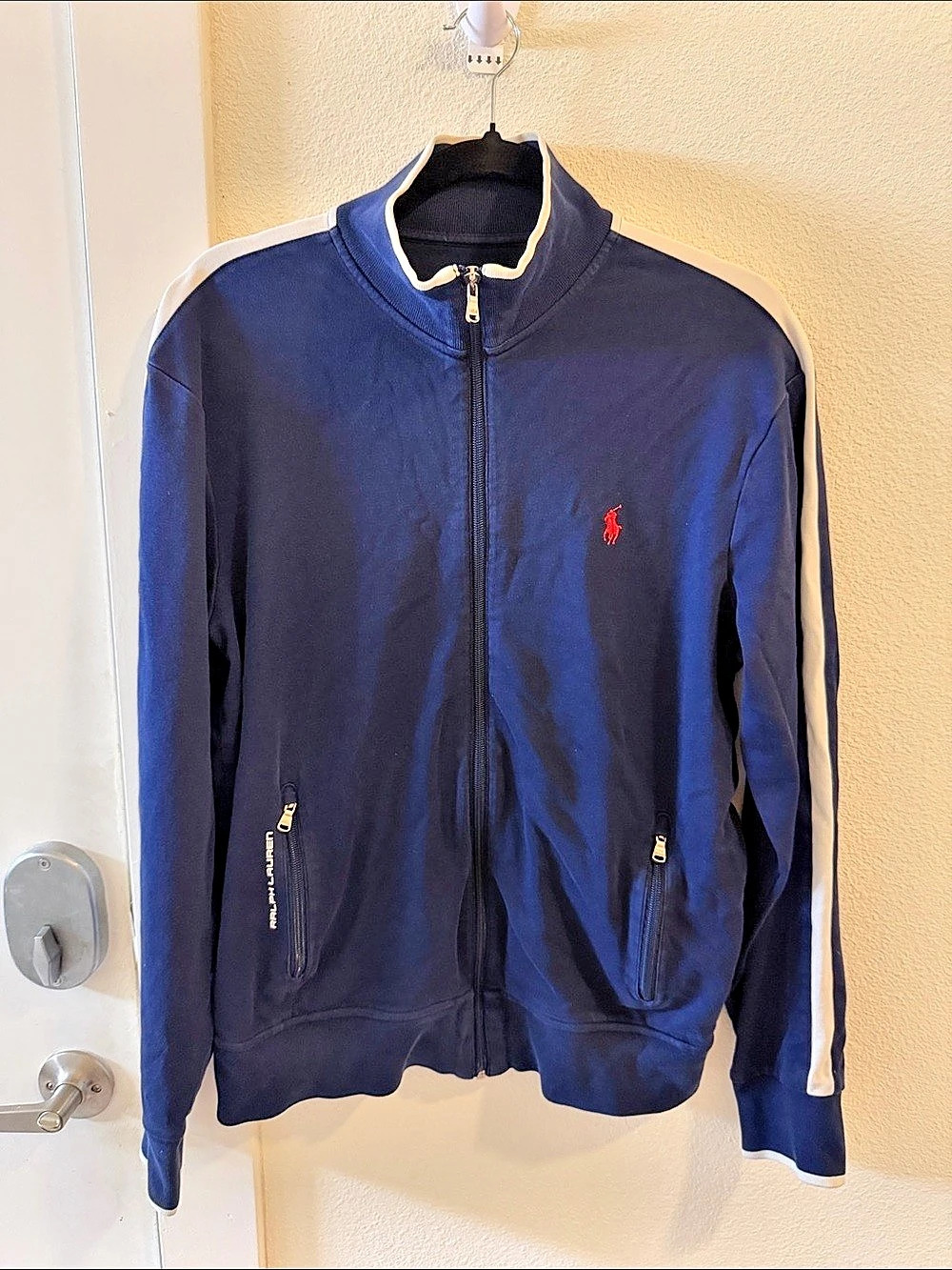 Polo Ralph Lauren Men’s Navy Track Jacket Red Pony White Stripe Full Zip